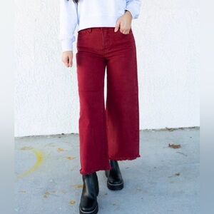 ✨NWT Risen Red Wine Burgundy Wide-Leg Jeans High-Rise Tummy Control Crop Capri